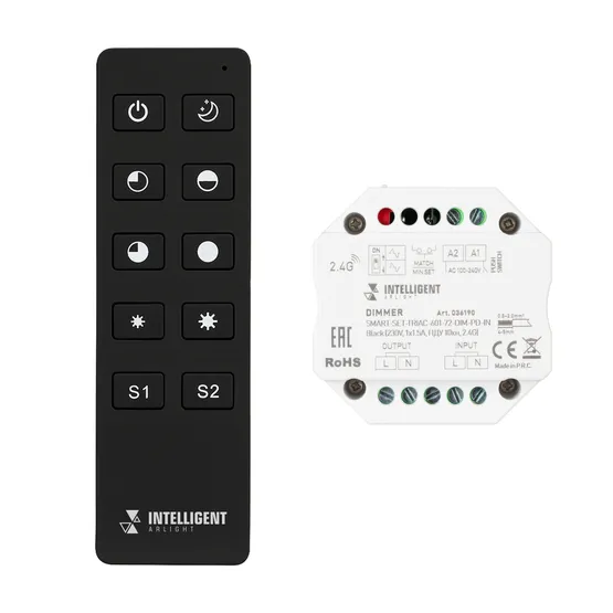 Фото #1 товара INTELLIGENT ARLIGHT Диммер SMART-SET-TRIAC-601-72-DIM-PD-IN Black (230V, 1x1.5A, ПДУ 10кн, 2.4G) (IARL, IP20 Пластик, 5 лет)