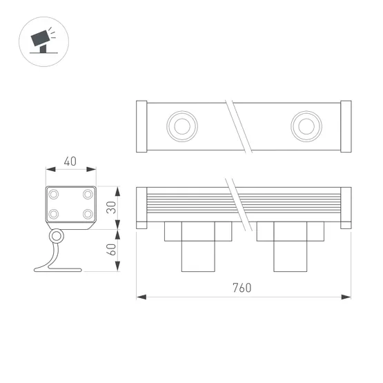 Фото #4 товара Линейный прожектор AR-LINE-760-18W Warm3000 (GR, 15 deg, 230V) (Arlight, IP65 Металл, 3 года)