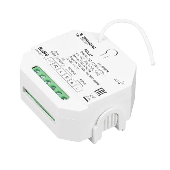 Фото товара INTELLIGENT ARLIGHT Релейный модуль SMART-701-72-WTI-WTO-PS-IN  (230V, 1x15A, 2.4G) (IARL, IP20 Пластик, 5 лет)