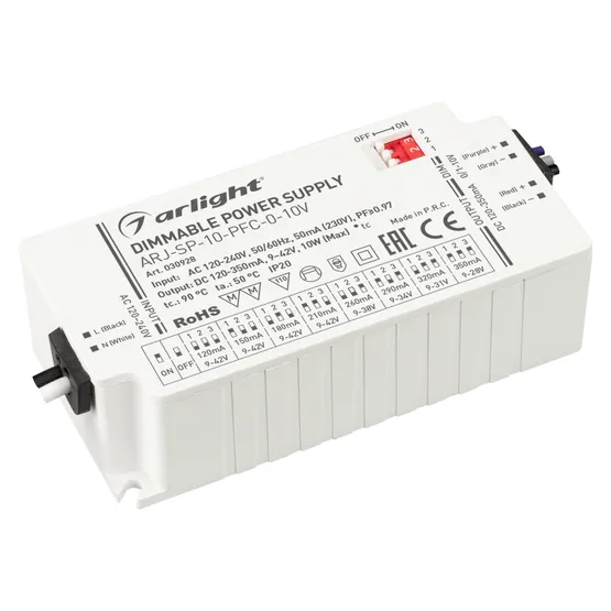 Фото товара Блок питания ARJ-SP-10-PFC-0-10V (10W, 120-350mA) (Arlight, IP20 Пластик, 5 лет)