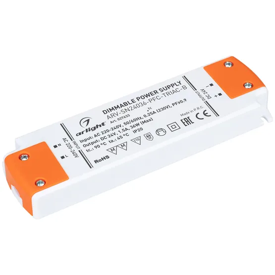 Фото #1 товара Блок питания ARV-SN24036-PFC-TRIAC-B (24V, 1.5A, 36W) (Arlight, IP20 Пластик, 3 года)