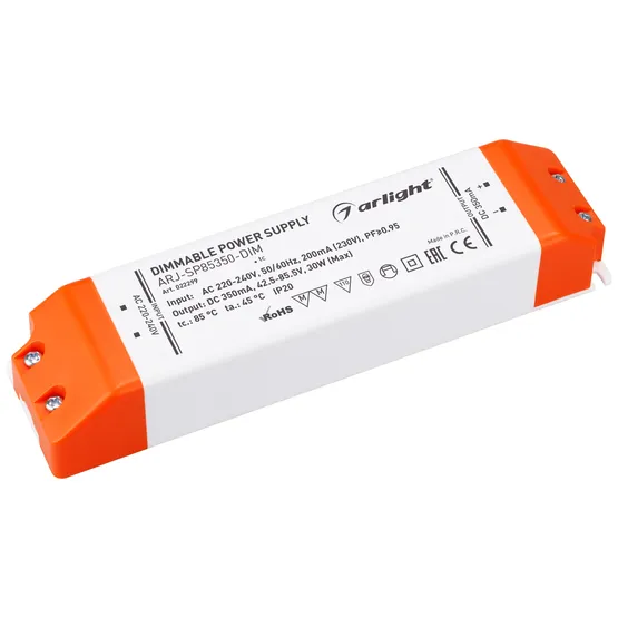 Фото товара Блок питания ARJ-SP85350-DIM (30W, 350mA, PFC, Triac) (Arlight, IP20 Пластик, 3 года)