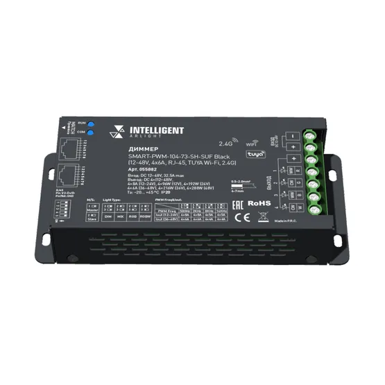 Фото товара INTELLIGENT ARLIGHT Диммер SMART-PWM-104-73-SH-SUF Black (12-48V, 4x6A, RJ-45, TUYA Wi-Fi, 2.4G) (IARL, IP20 Металл, 5 лет)