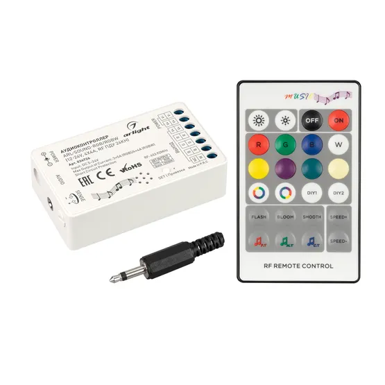 Фото #1 товара Аудиоконтроллер ARL-SOUND-RGB/RGBW (12-24V, 4x4A, RF ПДУ 24кн) (Arlight, IP20 Пластик, 3 года)